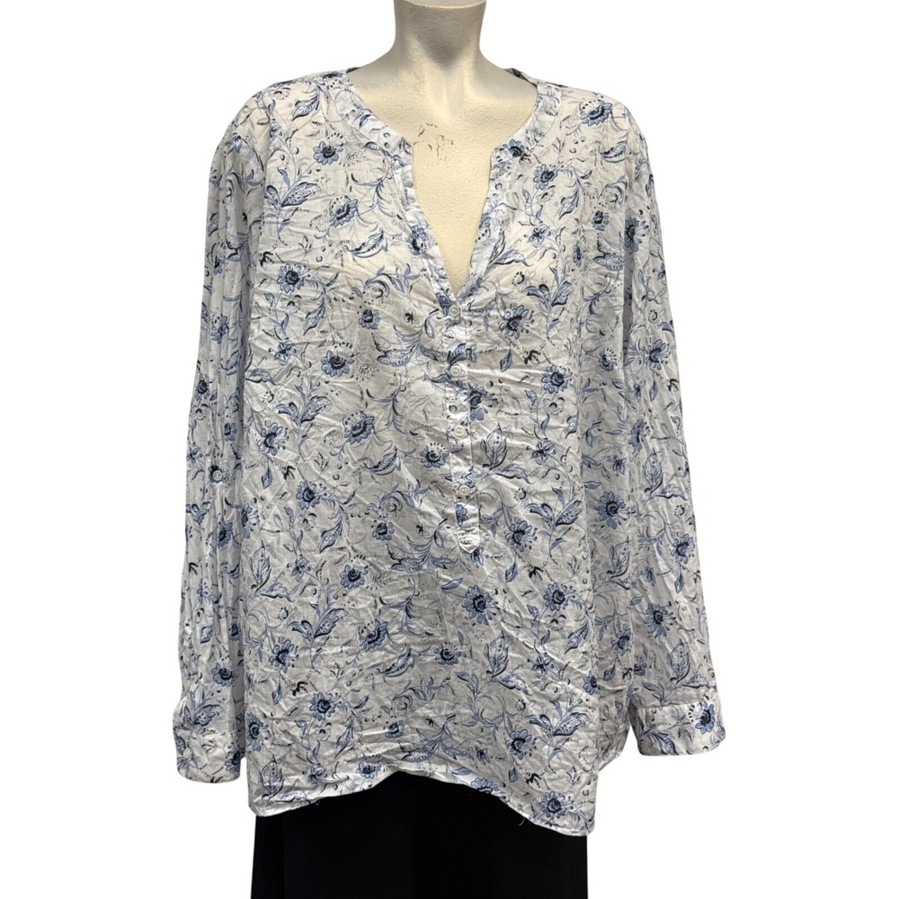 Lane Bryant White Blue Floral Print V Neck Long Sleeve Cotton Blouse Top Plus
